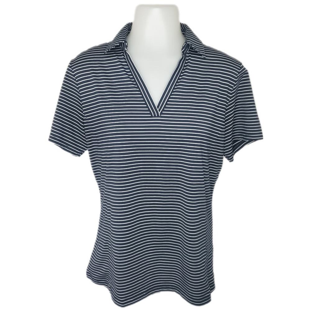 🆓 FREE Lady Hagen dark blue white striped collared polo shirt sz Medium Basic